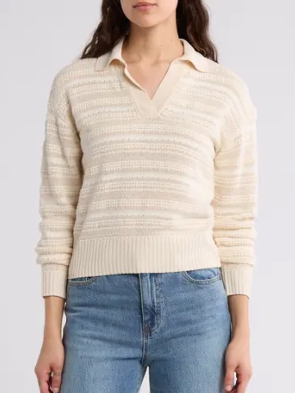 Habitual Womens Size M Striped Johnny Collar Sweater in Cream Preppy Grandma